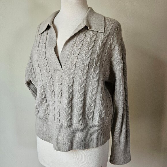 Max Studio Extrafine Merino Wool 100% Cable Knit Cropped Polo Collared Sweater M - Picture 1 of 8